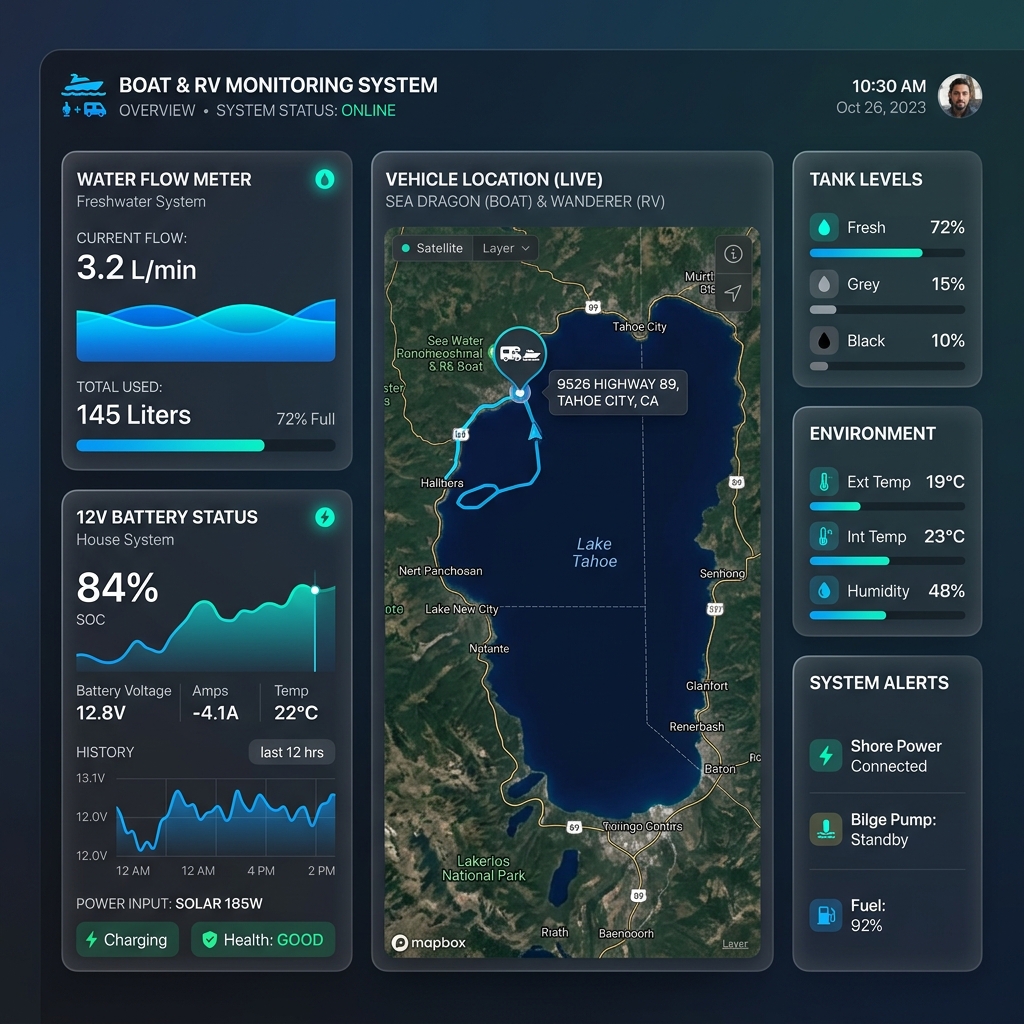 Boat & RV Guardian dashboard showing battery, water, and flood status